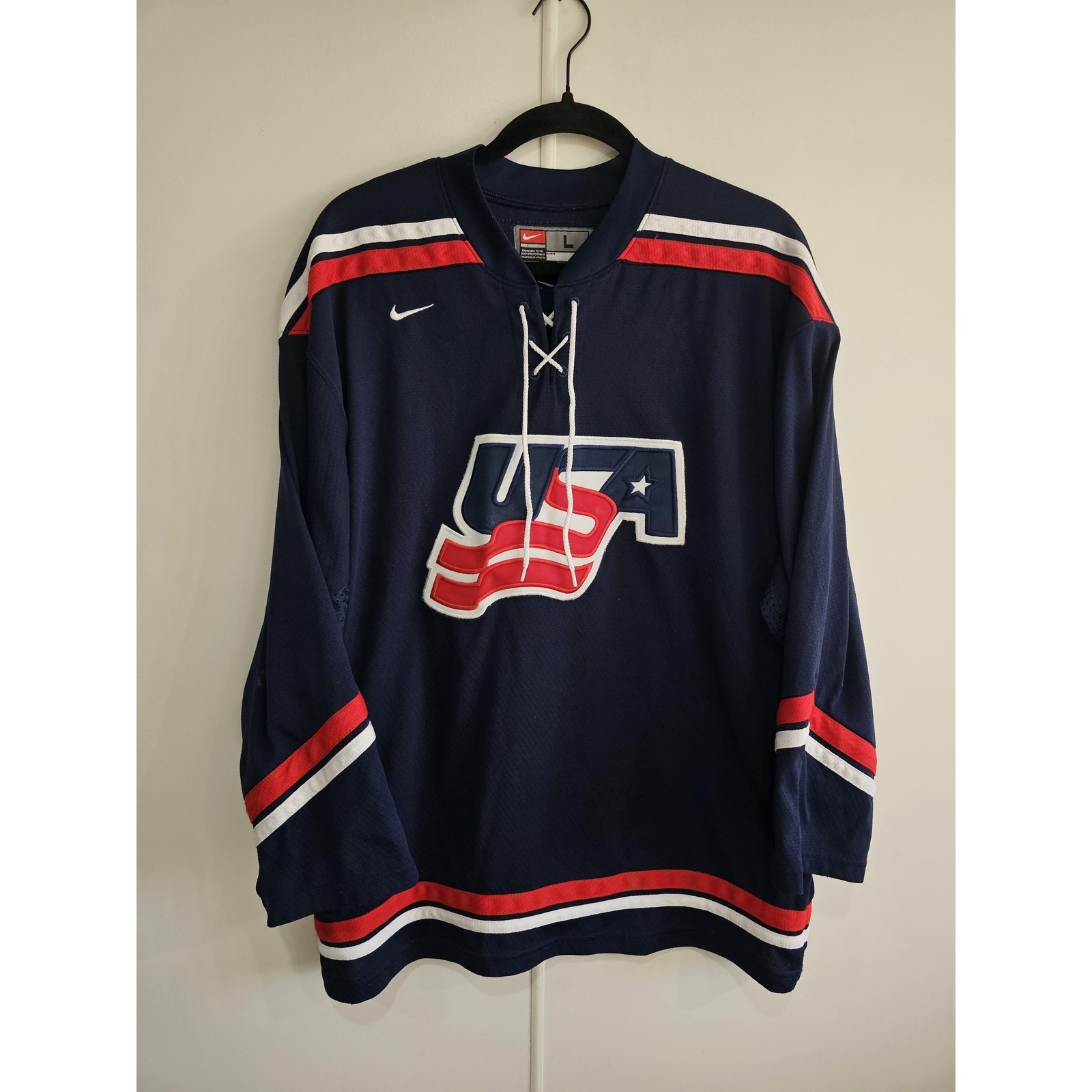 Vintage Usa Hockey Jersey Mens Large Blue Lace Up Iihf Nike National Team 2000s